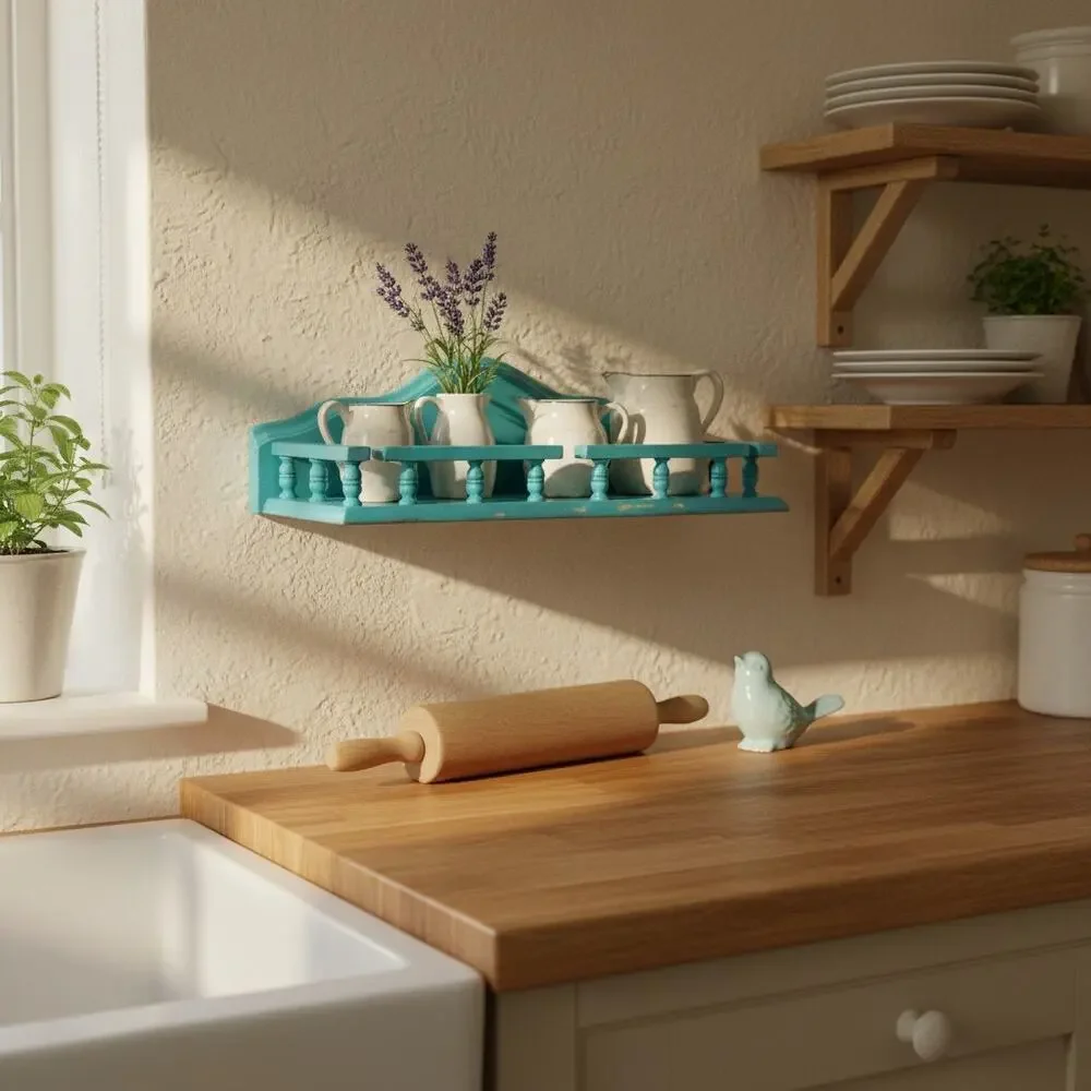 Vintage Teal Wood Wall Shelf-Cottage-Farmhouse Display-Bathroom-Kitchen-Coastal